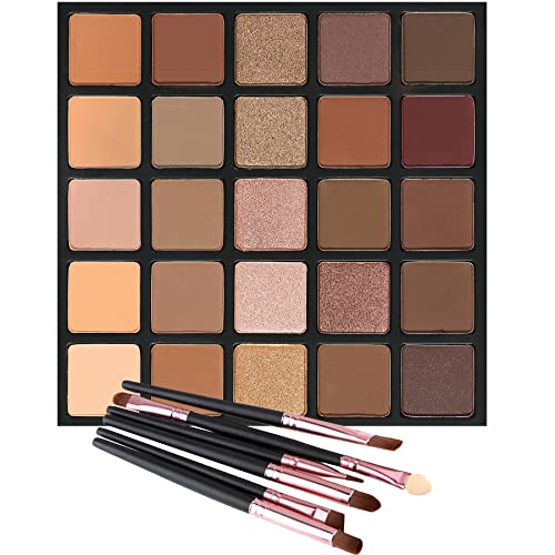 Matte and Shimmer Eyeshadow Palette, Vodisa 25 Long Lasting Blendable Warm Eye Shadows Glitter Makeup Kit Make Up Brushes Set Nude Smoky Waterproof Beauty Cosmetics High Pigment Powder Pallet 25B