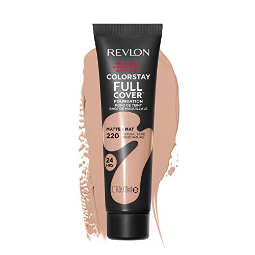 Revlon ColorStay Full Cover Longwear Matte Foundation, Heat & Sweat Resistant Lightweight Face Makeup, Natural Beige (220), 1.0 oz