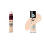 Maybelline Instant Age Rewind Eraser Dark Circles Treatment Multi-Use Concealer, 100, 1 Count (Packaging May Vary) & Fit Me Matte + Poreless Liquid Oil-Free Foundation Makeup, Natural Ivory, 1 Count