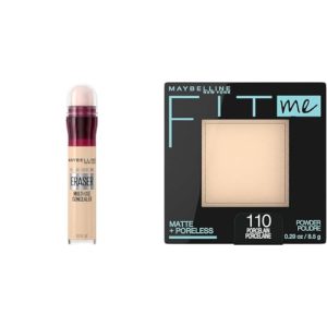 Maybelline Instant Age Rewind Dark Circles Concealer 100 Count & Matte Poreless Pressed Powder Porcelain 1 Count Makeup Bundle